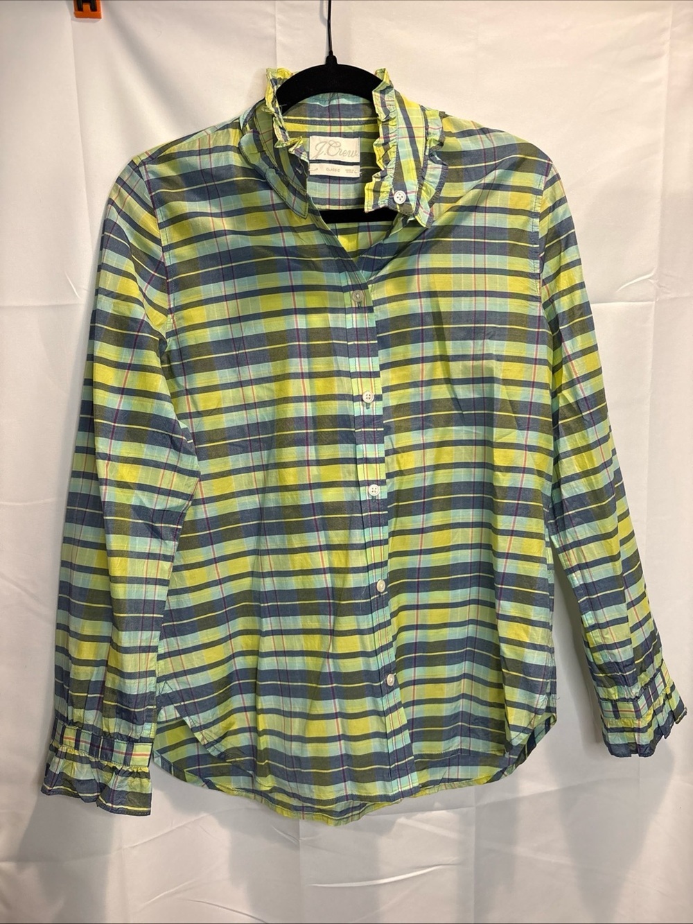 J. Crew Plaid Classic Button-Up in Lime, Navy & Pink, ruffle cuffs and collar